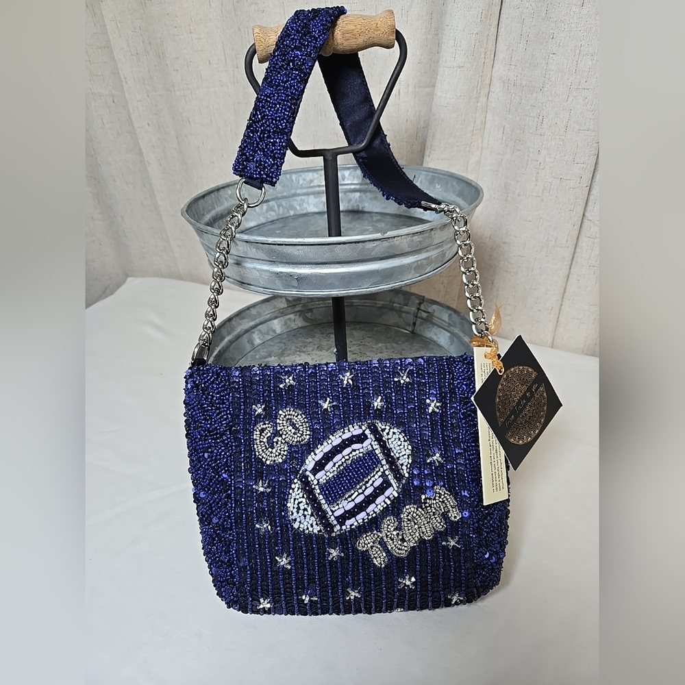 Hand Beaded Football Themed Shoulder Bag Blue & Silver Bling NWT